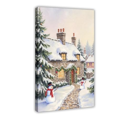 Cozy Winter Cabin with A Snowman Posters Modern Canvas Art