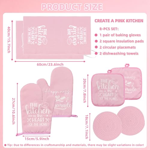 8-Pcs Pink Oven Mitts and Pot Holders Set – Pink Kitchen Accessories, Includes 2 Oven Mitts, 4 Pot Holders, 2 Dish Towels, for Baking, Cooking, Farmhouse, Housewarming, Christmas, Valentine's Day - image 3