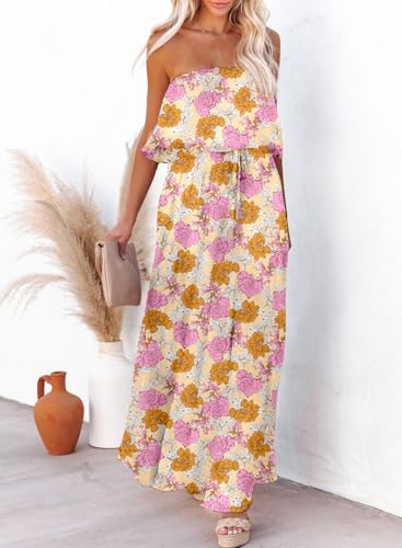 Image of Dokotoo Womens Strapless Dresses Casual Summer High Waist Side Split Flowy Boho Maxi Dress