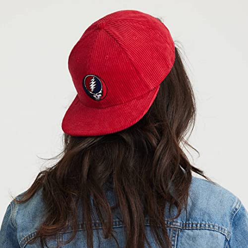Image of Ripple Junction Grateful Dead Embroidered Steal Your Face Hat Retro Red Corduroy Adjustable Flat Bill Officially Licensed