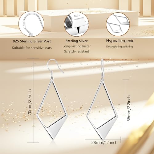 Sterling Silver Dangle Earrings for Women 14K Gold Plated Lightweight Statement Rhombus Drop Earrings Hypoallergenic Leverback Hook Earing for Women Trendy3