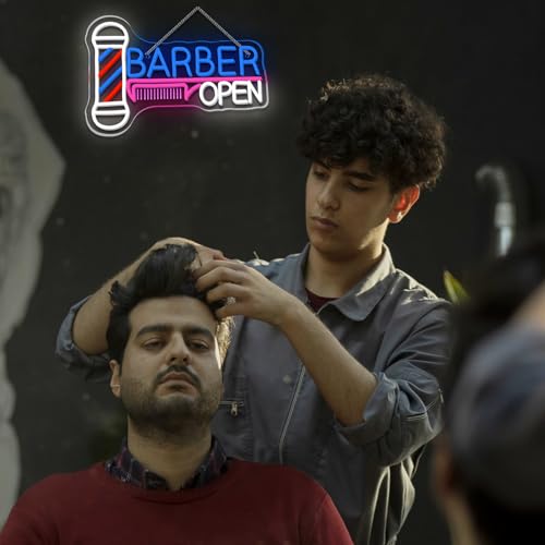 Image of Ineonlife Barber Open Neon Sign Accessories Light Up for Wall Decor Modern Led Sign for barbershop Small Acrylic Art Decor for hair salon make up shop Decorations 15.74x14.17 inch USB POWER