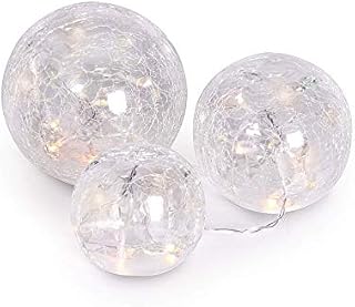 Fairy Light Crackle Glass Orbs - Set of 3 | Fireplace Ornaments | for Living Room and Dining Room | Warm White LED Ball Lights | Battery Powered | M&W