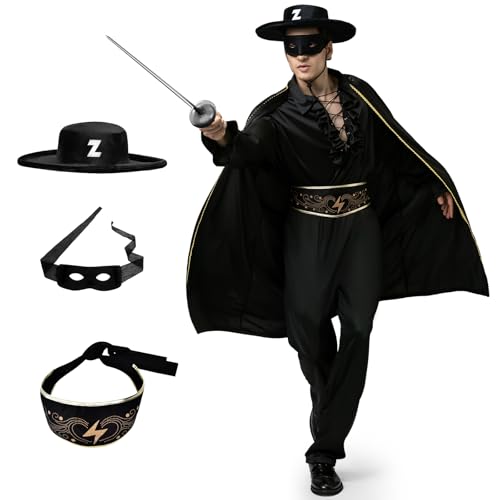 BuzzoXerex Déguisement Bandit Adulte, Deguisement Cambrioleur Adulte, Costume Bandit Masqué avec Chapeau en Feutre Noir, Masque, Cape, Chemise à Volants, Pantalon, Ceinture pour Carnaval (XL)