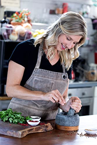 Casa Noa Mortar And Pestle Set With Wood Base - Heavy & Solid Unpolished Granite - 100% Natural, Large Guacamole Bowl, Stone Grinder, Molcajete Bowl, Anti-Scratch, 1.8 Cup Capacity, 5.8-Inch Pestle #TOP1