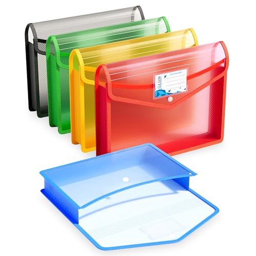 Image of GLUN Pack 5 File Folder A4 Bag Multicolour Cover with Strong Stitch with Handle, Documents File Storage Bag with Snap Button