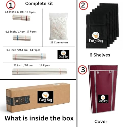 Image of EASY BUY Maroon Shoe Rack with Cover, Plastic Rack 6 Shelves with Zip Door Cover & Side Pocket | Dustproof Multiuse Storage Organizer for Footwear, Clothes, Toy, Shoe Rack Plastic, Slipper Stand