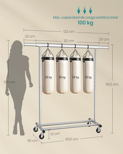 Miniatura 6 de Songmics Burro Ropa Con Ruedas, Perchero Burro Extensible Con Carga Pesada, Capacidad De Carga Máx. De 100 Kg, 45 X 92-132 X 161,5 Cm, Fácil De Montar, Portátil, Plata Hsr13s