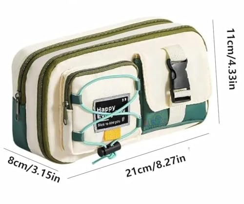Image of Multi-Compartment Pencil Pouch Large Capacity Pen Case with Zipper & Buckle Pocket, Durable Canvas Stationery Organizer for School Office Travel, Stylish Storage Case (Green Happy Every Day)