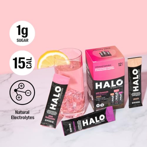 HALO Hydration - Electrolyte Drink Mix | Hydration Powder Packets | Variety Pack (Pink Lemonade, Peach, Berry) – For Sports and Cycling | Easy Open Single Serving Stick | 12 Sticks