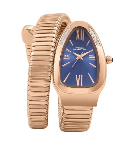 Image of French Connection Eternelle Curve | Blue Dial with Rose Gold Case | Flexible Wrap Bracelet Strap | Crystal Accent Design | Roman Numerals Analog Watch for Women - FCN0142URGM