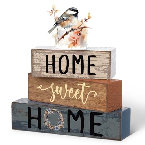 Cinnvoice 4 Pcs Spring Chickadee Wooden Block Decor Farmhouse Tiered Tray Signs Home Sweet Home Tabletop Centerpiece for Kitchen Shelf Decoration Housewarming Gifts