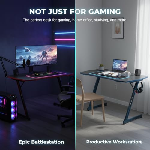 Image of 39 Inch Gaming Desk Z Shaped Computer Desk Large PC Gaming Table PVC Surface with Headphone Hook & Adjustable Feet for Teen