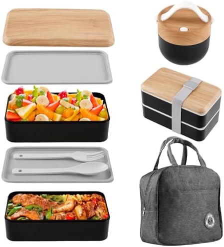 Bento Box with Lunch Bag Microwavable All-in-One Meal Prep Compartment Lunch Containers with Utensils, Black