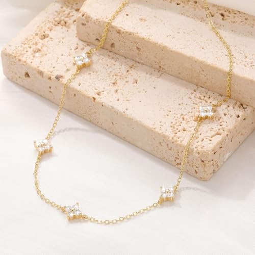 Aidenn Dainty Sterling Silver Necklace Chain for Women Girls Trendy Non Tarnish 14K Gold Plated Cubic Zirconia Necklaces Cute Flower Choker Necklace Stack for Wedding Prom Brides Jewellery - Image 5