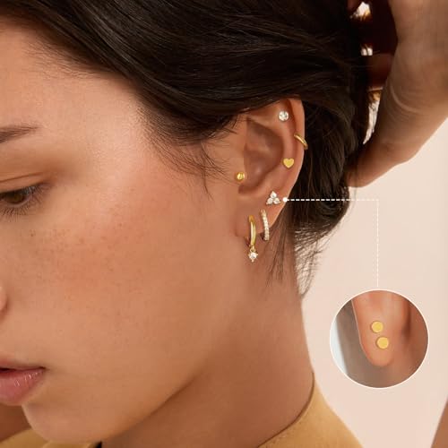 adoyi Hypoallergenic Surgical Steel Earrings for Sensitive Ears 14K Gold Plated Samll Huggie Hoops Earrings Flat Back Studs Stainless Steel Cartilage Earrings for Women Men Multiple Piercing3