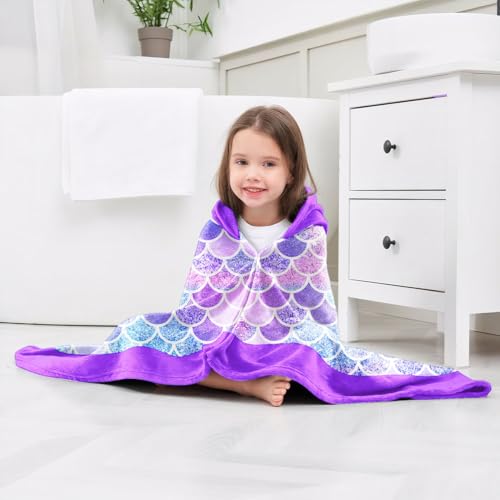 Image of Mermaid Girls Beach Towel with Hoodie for Kids Toddlers Age 4-8, Pink Blue Bath Towels Shower Wrap for Girls, Hooded Poncho Beach Blanket for Pool Swimming Cute Wearable Bath Towel for Child