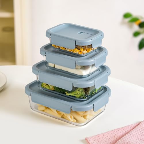 Image of Nestasia Borosilicate Glass Containers with Clip Locks Set of 4 (370ml, 660ml, 1L, 1.5L) - Airtight & Leakproof Containers with Air Vent Lid for Fridge Storage | Microwave & Dishwasher Safe (Blue)
