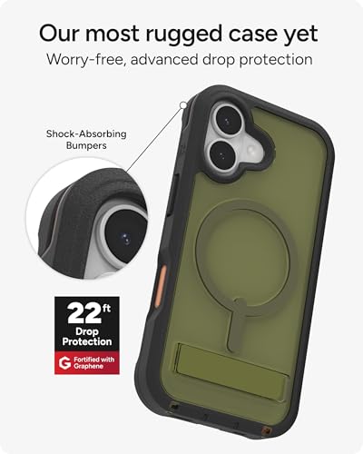 Image of ZAGG Rainier Case with Kickstand for iPhone 17 - Green Sea Kelp, Graphene 22ft (7m) Drop Protection, Lanyard Attach Points, MagSafe, Wireless Charging Compatible, 2-Piece Design, Phone Case