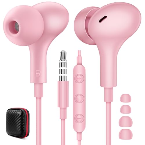 3.5mm Wired Earbuds with Mic for Airplane/School, Pink