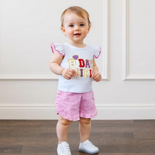 Kayotuas Toddler Baby Girl Birthday Outfit Birthday Girl Shirt Ruffle Gingham Shorts Cute Summer Clothes Cake Smash Outfits2