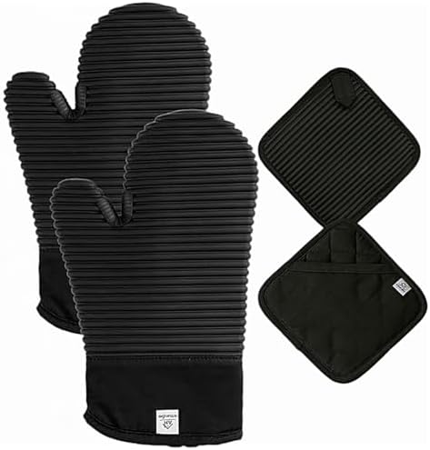 Ribbed Silicone Oven Mitts and Pot Holders Sets | Heat Resistant Silicone Hot Pads & Kitchen Mittens Accessories for Baking | Pair of Oven Gloves & Potholders for Kitchens | Black