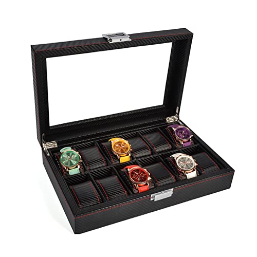 Guolich Boîte de Rangement de Montre étui de Support de Montre en Cuir en Fibre de Carbone Bijoux Bracelet Collection Organisateur avec Couvercle en Verre (12 Fentes) Cover