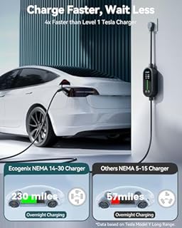 Ecogenix Level 2 Tesla Home Charger, 24A/240v Dryer Outlet Portable Mobile Charging Cable for Model 3/Y/S/X, Adjustable Amps, Apartment-Friendly, 25ft Tesla Universal Connector with NEMA 14-30 Plug