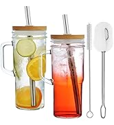 ALINK 2 Pack Glass Tumbler Cups with Bamboo Lids and Straws, 24oz Iced Coffee Cups-Reusable Mason...