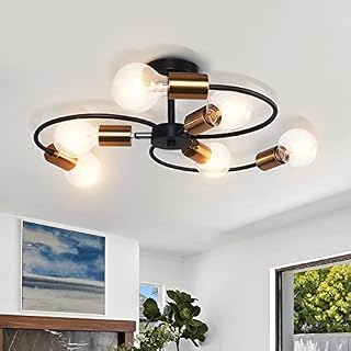 OYIPRO Semi Flush Ceiling Light Fitting, 6-Lights Ceiling Lamp, Modern Chandelier, E27 Socket Black Gold Metal Lamps, for Living Room, Bedroom, Kitchen
