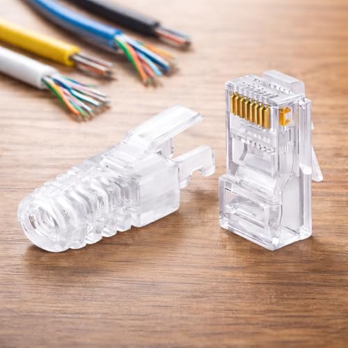 Image of RJ45 Cat6 Pass Through Connectors with Strain Relief Boots | Gold Plated Ethernet Crimp Plug for LAN Cable | Easy Termination UTP Network Connector for Router & Patch Cable (25 Pack)