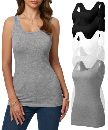 Missclub 5 Pack Long Tank Tops for Women Slim Fitted Cotton Tanks Set C XL