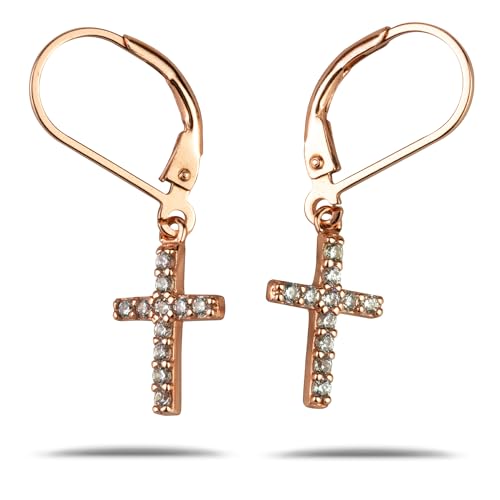 925 Solid Sterling Silver Cubic Zirconia Dangling Bling Cross Earrings, Small CZ Dangle Cross Jewelry