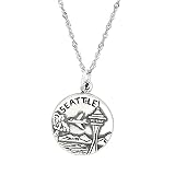 LGU Sterling Silver Oxidized Seattle City of Good Will Charm with Thin Singapore Chain Necklace (24 Inches)