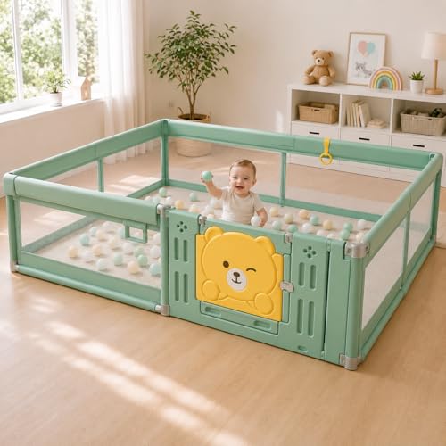 Image of 180 x 200 cm Playpen for Babies upto 3 with Mat and Balls, Indoor Baby Play Area Indoor Outdoor Setup Portable Baby Play Yard Fence for Toddlers Kids with Safety Gate, Breathable Mesh Playpen, 16 Sq Ft (Green, Mesh with Gate)