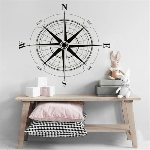 SABORR Pegatina de pared con brújula autoadhesiva negra póster de geografía de viaje mural para el hogar y la sala de estar papel tapiz