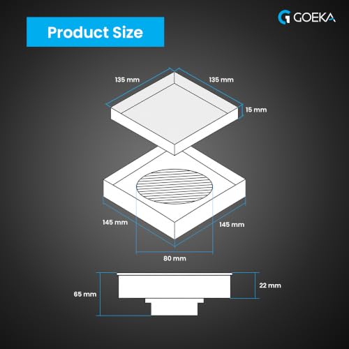 Image of GOEKA 6 inch x 6 inch Full SS 304 Tile & Marble Insert Floor Drain | Reverse Plate with Cockroach Trap | Square Drain Cover | Rust-Proof, Anti-Clog | Heavy-Duty Bathroom, Kitchen, Terrace & Balcony Drain