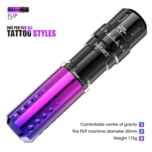 Mast Flip Complete Tattoo Kit -Wireless Cartridges Tattoo Machine with 7 Adjustable Strokes 2.6-4.0mm 2 Batteries Power Supply 20 Pro Needles Ideal for Lining Shading Coloring Professional Starter Set