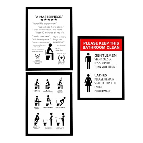 Image of Framed Bathroom Wall Decor | Funny Quotes & Cute Animal Art Prints | Quirky Toilet Signs & Guest Bath Decorations | Minimalist Black & White Washroom Signs | Ready to Hang Toilet Humor for Home & Powder Room (Clean Sign Combo 3)