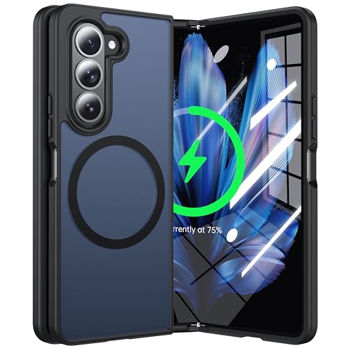 NJROW Magnetic for Samsung Galaxy Z Fold 5 Case Compatible with MagSafe [Fast Wireless Charging][Anti-Fingerprint][Military Shockproof] Translucent Matte Silicone Bumper for Z Fold 5 Phone Case,Black