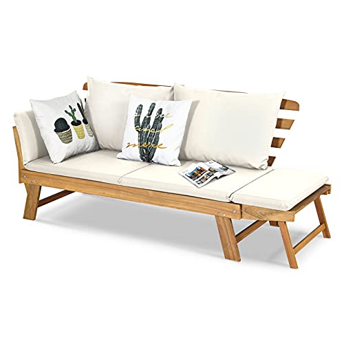 GOPLUS Gartenbank Holz, Gartensofa mit Liegefunktion, 2-3 Sitzer Holzbank mit klappbaren Seitenlehnen, inkl. Auflage, Balkonbank, Sitzbank Outdoor für Garten, Terrasse, Balkon, 157 x 75 x 75cm (Weiß)