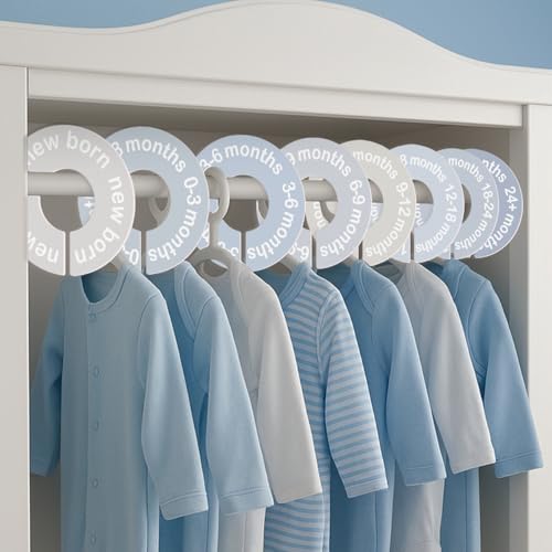 Image of cephira Baby Closet Dividers for Clothes 0-24 Months, 8 Pack mini Round Size Markers, Double-Sided, Fits Most Rods, Blue Nursery Clothing Organizer & Wardrobe Decor