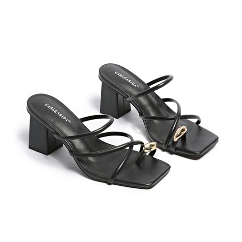 Image of Strappy Heels For Women Low Chunky Block Heel Heeled Sandals Square Open Toe Slip On Slides Flip Flops Mules
