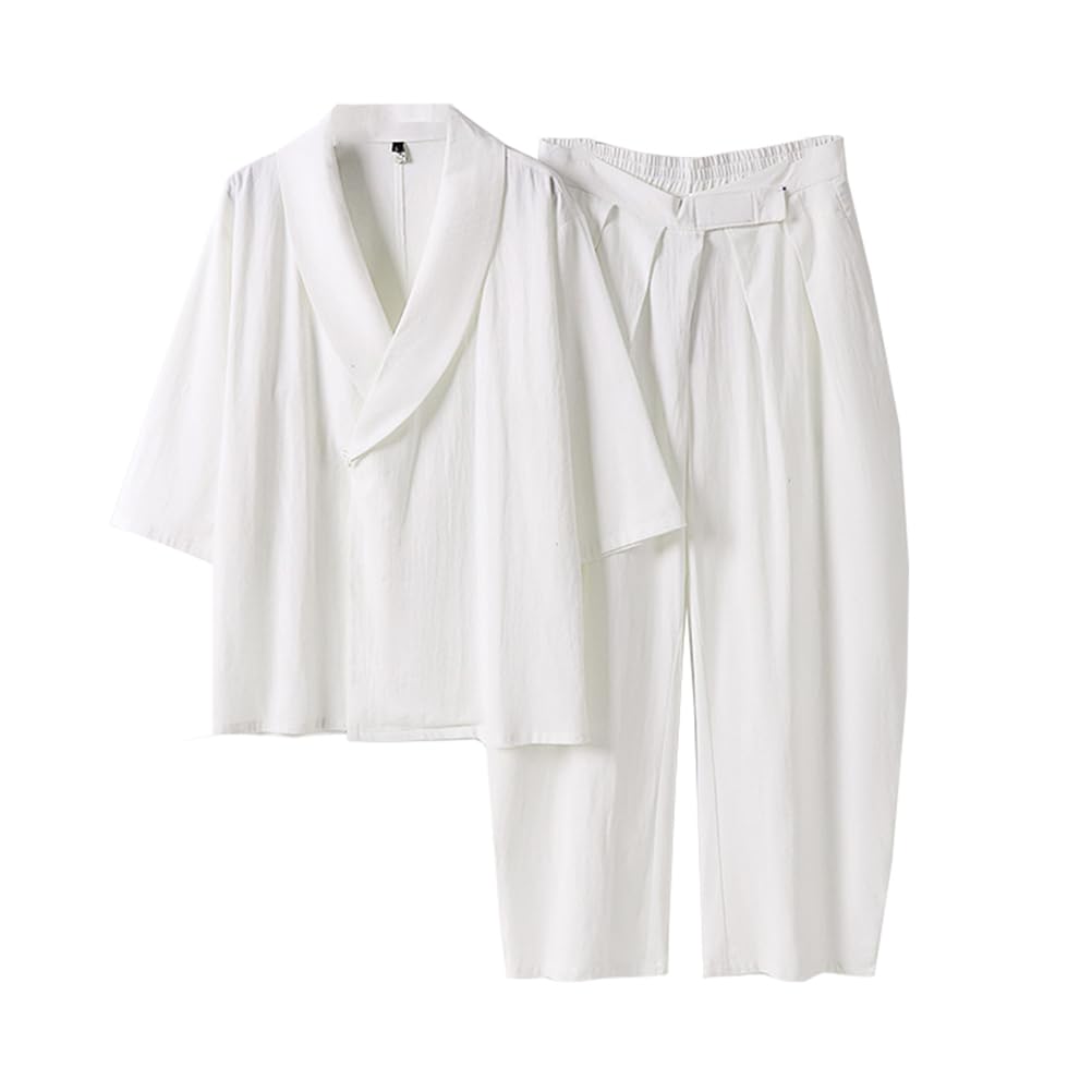TIANQIHAO Japanese Style Two-Piece Suit Cotton Bathrobe Pajamas Summer Plus Size Kimono Bathrobes Chinese Style Sleepwear,White-Medium