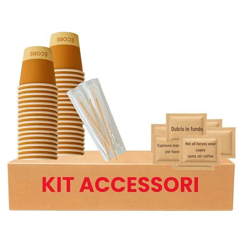 ecodrinks - Kit Caffe Bicchierini Palettine e Zucchero di Canna - Bicchieri di Carta da 75ml e Palette in Legno - Riciclabili, per Uso Professionale e Domestico (100 pezzi)