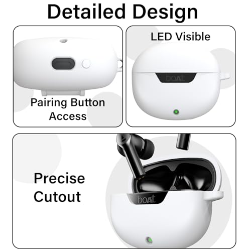 Image of Sounce Earphone Case Cover for Boat Airdopes 300 Premium TWS Soft Silicone Skin Case Cover Shock Absorbing Protective Case with Keychain [Front LED Visible] - White