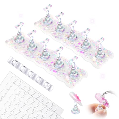 Image of MelodySusie Nail Stand for Press Ons, White Shiny Acrylic Magnetic Base for Painting Display with Brush Holder and 100 Pcs Reusable Double-Sided Tape for Home DIY Salon Supplies