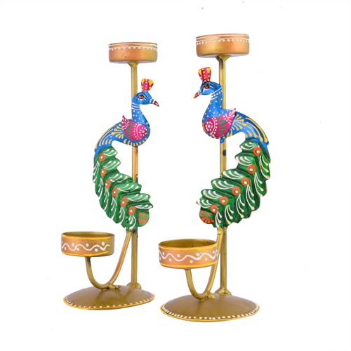 Image of CraftVatika Metal Peacock Candle Holder Set of 2 - Perfect House Decoration Diwali Gifting Items, Handpainted Tealight Candle Holders for Home Christmas Decor (21.5 CM Height)