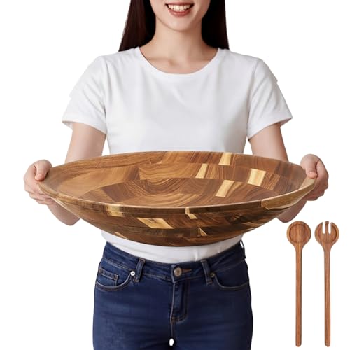 Geiserailie Extra Large 16 Inch Acacia Wood Salad Bowl Set Wooden Serving Bowl with Serving Utensils for Fruits, Pasta, Salad Farmhouse Kitchen for Housewarming Wedding Christmas Gift by Geiserailie - Used condition - US$75.04