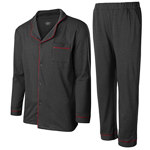 Wantonfy Pyjama traditionnel 2 pièces pour homme - Vêtement de nuit décontracté à manches longues et col en V - Bas en coton côtelé, Noir , M Cover